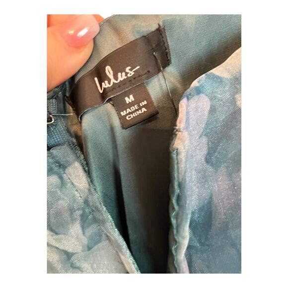 Lulu's Lulus Darling Vision Teal Floral Organza Puff Sleeve Tiered Midi Dress M - Picture 7 of 16